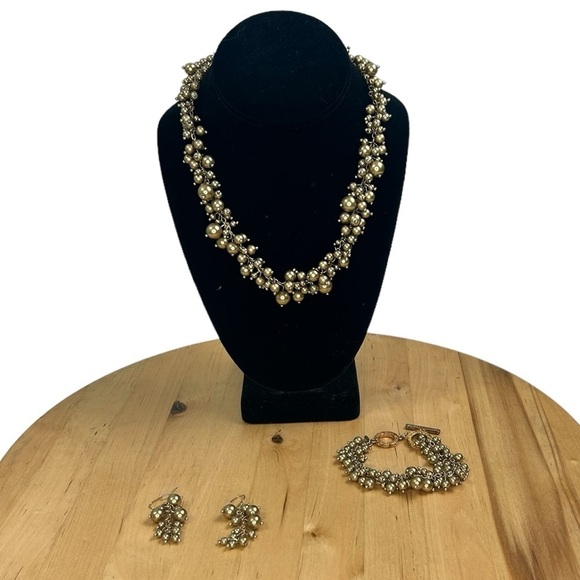 Premier Designs Beaded Necklace Bracelet Earrings Gold Tone Cluster Demi-Parue - Picture 1 of 12